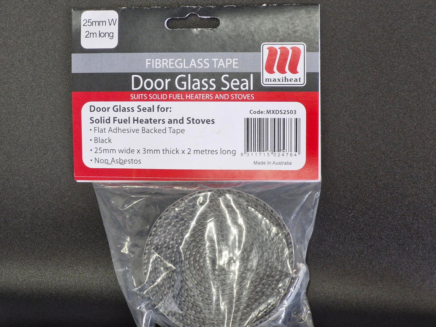 Packaged door glass seal with a label on a dark background